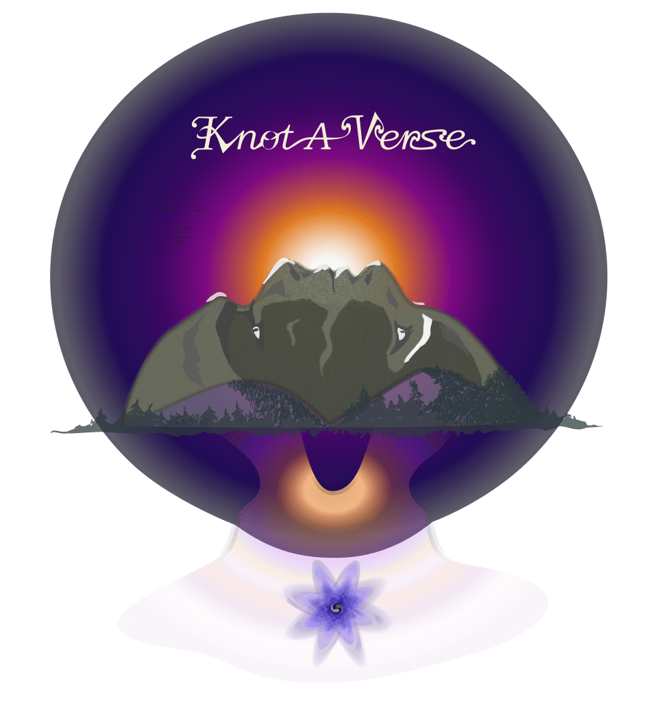 Knot-A-Verse Text over sunset and ambiguous human and mountain faces